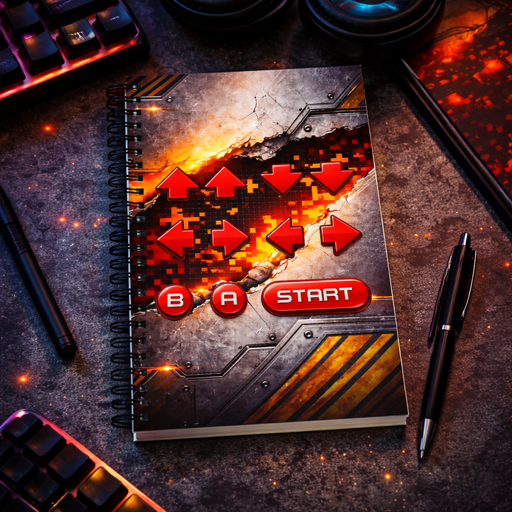 Square lifestyle mockup of a spiral notebook with a retro cheat code button design, placed on a gamer desk with keyboard, headphones, and pen under warm ambient lighting.