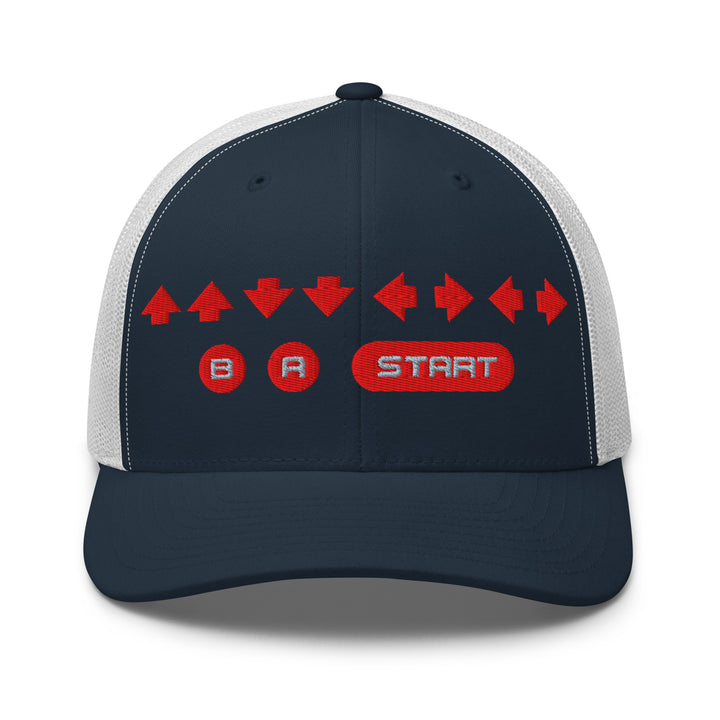 Front view of a navy and white mesh trucker cap with red embroidered directional arrows and B A Start button symbols