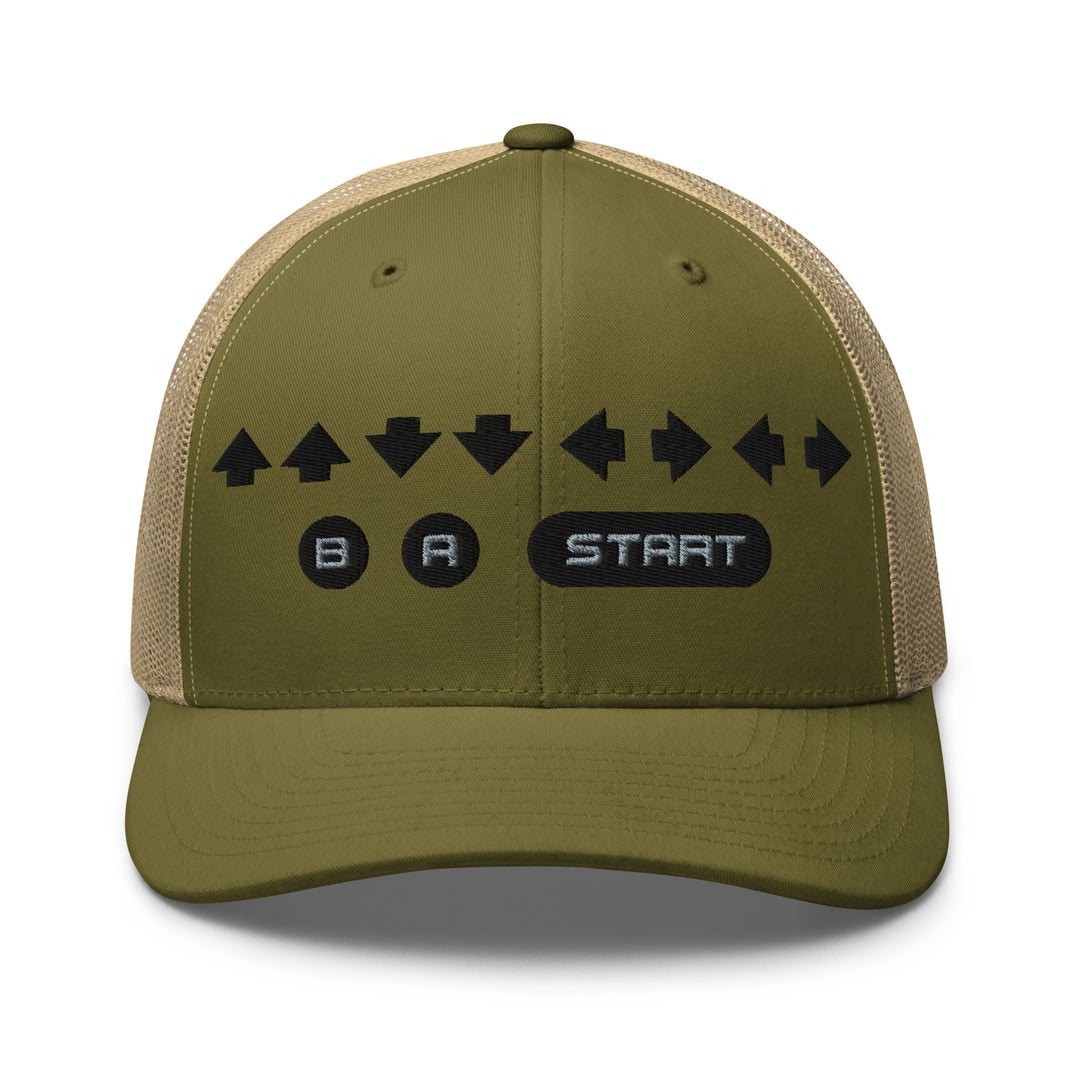 Olive and khaki trucker cap with gray embroidered retro cheat code arrows and B A Start buttons, inspired by classic military-style video games