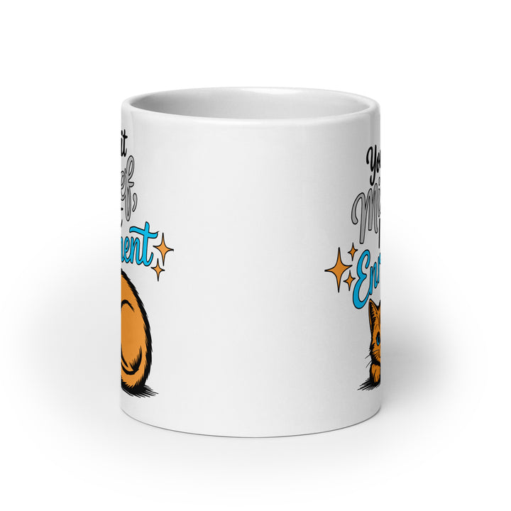 Left side view of the Keep It Geek “You Call It Mischief, I Call It Enrichment” orange cat glossy coffee mug, featuring bold typography with logo-matched blue accents and an illustrated orange cat resting beneath the phrase on a white ceramic mug.