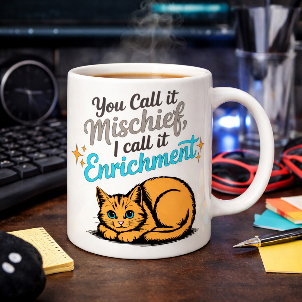 Lifestyle mockup of the Keep It Geek “You Call It Mischief, I Call It Enrichment” orange cat glossy coffee mug with logo-matched blue lettering, shown steaming on a geek desk setup with the handle on the right.