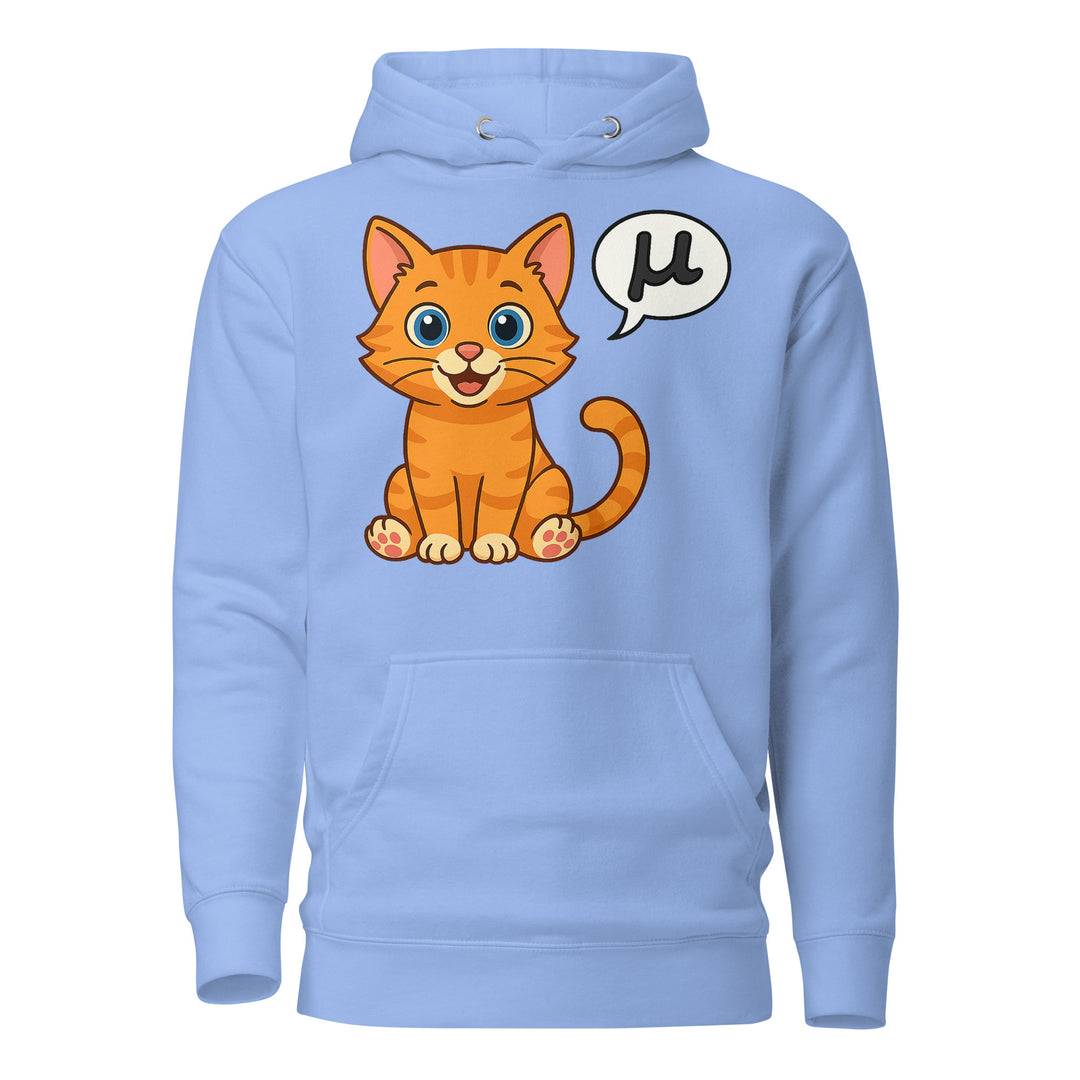 Front view of a carolina blue hoodie featuring the μ Kitty orange tabby design with speech bubble graphic.