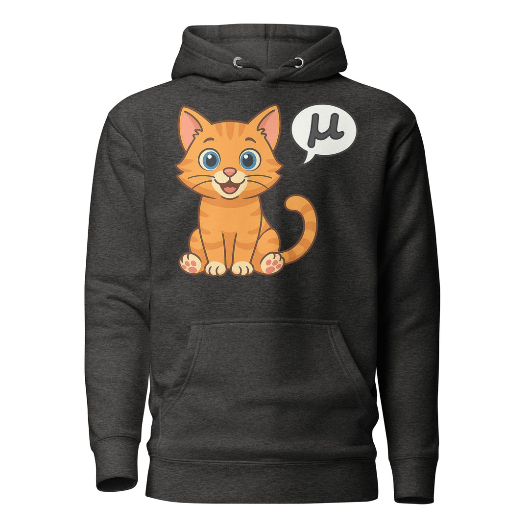 Front view of a dark heather gray hoodie featuring the μ Kitty orange tabby design with speech bubble graphic.