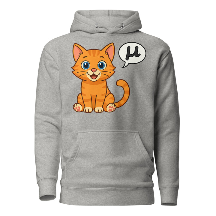 Front view of a heather gray hoodie featuring the μ Kitty orange tabby design with speech bubble graphic.