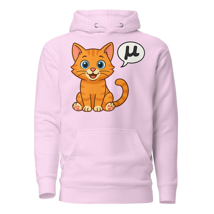 Front view of a lavender hoodie featuring the μ Kitty orange tabby design with speech bubble graphic.