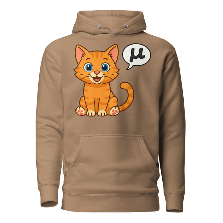 Front view of a light brown hoodie featuring the μ Kitty orange tabby design with speech bubble graphic.