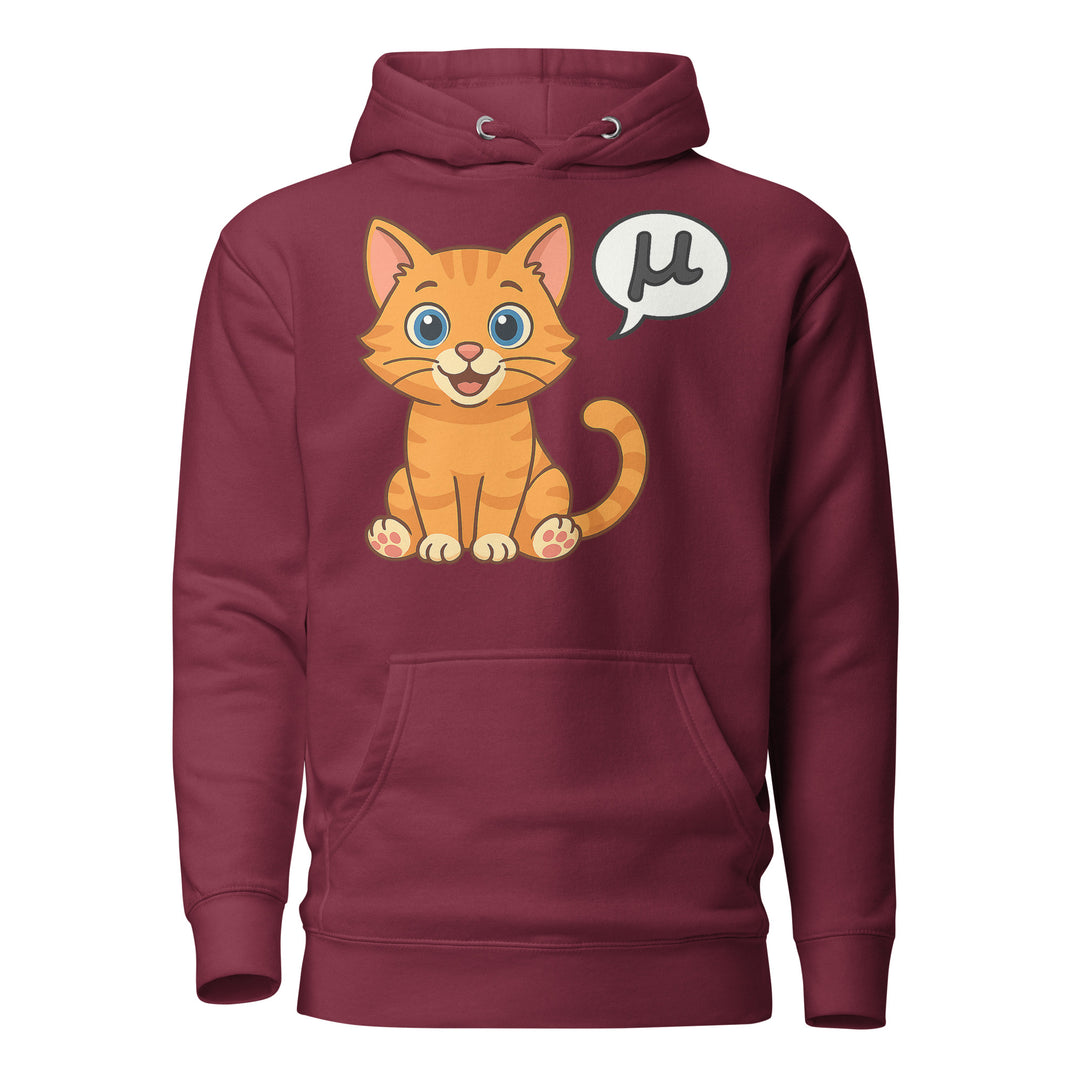 Front view of a maroon hoodie featuring the μ Kitty orange tabby design with speech bubble graphic.