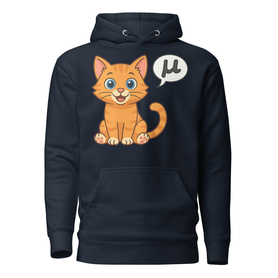Front view of a navy hoodie featuring the μ Kitty orange tabby design with speech bubble graphic.