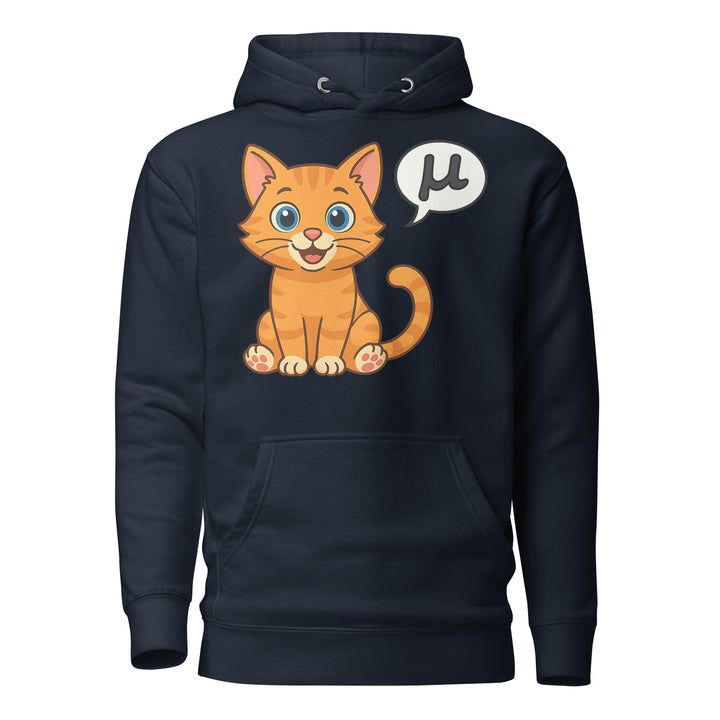 Front view of a navy hoodie featuring the μ Kitty orange tabby design with speech bubble graphic.