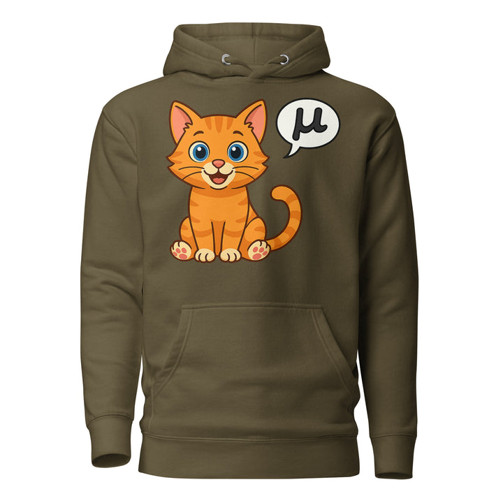 Front view of an olive hoodie featuring the μ Kitty orange tabby design with speech bubble graphic.