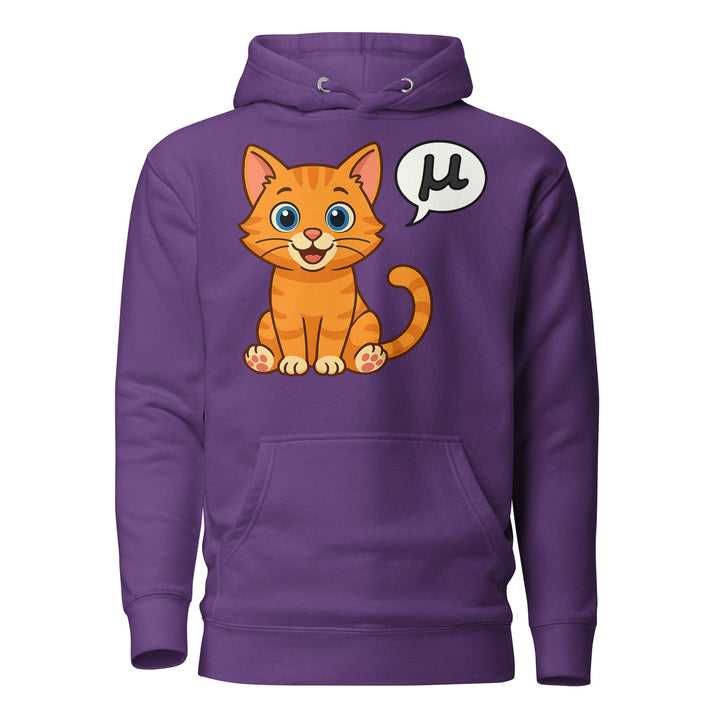 Front view of a purple hoodie featuring the μ Kitty orange tabby design with speech bubble graphic.