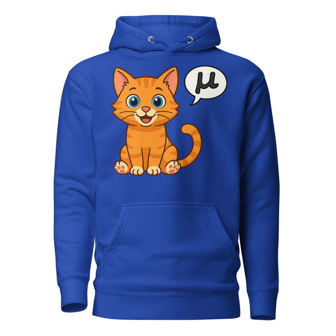 Front view of a royal blue hoodie featuring the μ Kitty orange tabby design with speech bubble graphic.