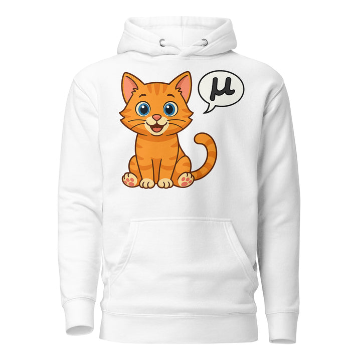 Front view of a white hoodie featuring the μ Kitty orange tabby design with speech bubble graphic.