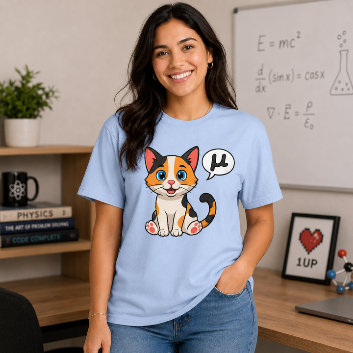 Smiling woman wearing the Mu Kitty Calico graphic T-shirt in light blue, posed in a clean geeky science workspace with books, a whiteboard, and subtle nerdy décor.