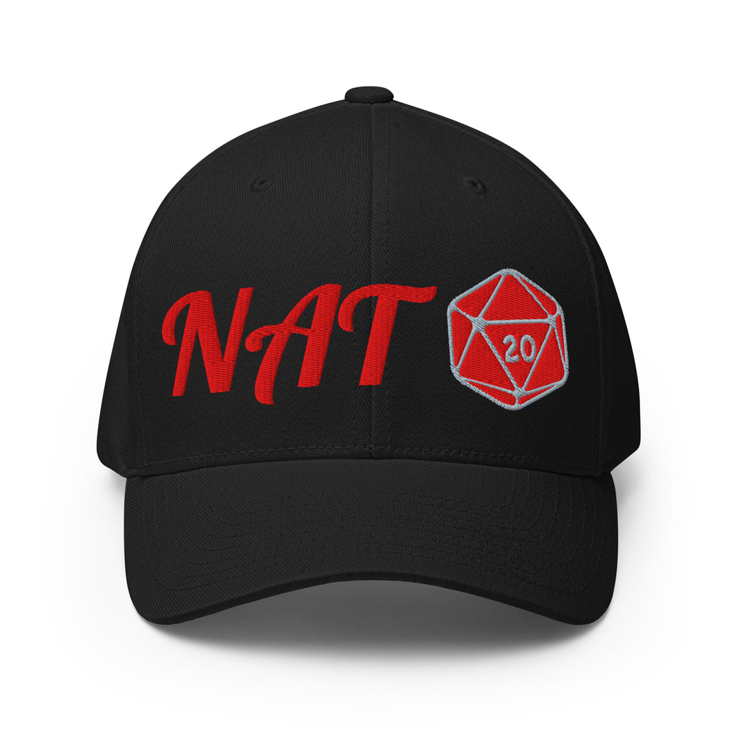 Front view of the black NAT 20 embroidered flexfit cap with red fantasy-style NAT lettering and a red d20 emblem.