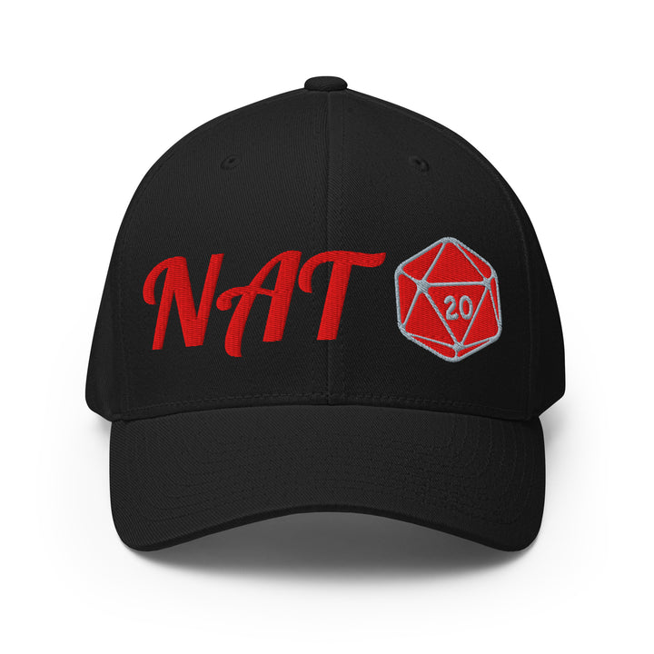 Front view of the black NAT 20 embroidered flexfit cap with red fantasy-style NAT lettering and a red d20 emblem.
