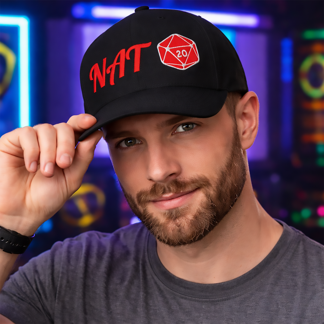 Model wearing a black NAT 20 embroidered flexfit cap with bold red fantasy lettering and a red d20 design, shown in a square portrait with a neon-lit geeky backdrop.