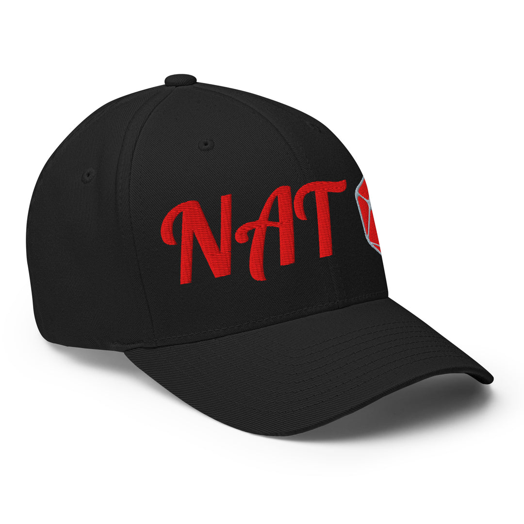 Right-front view of the black NAT 20 embroidered flexfit cap showing the red fantasy-style NAT lettering and red d20 emblem embroidery.