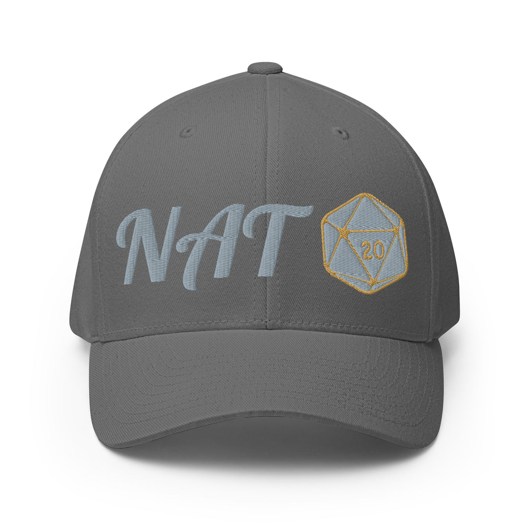 Front view of the gray NAT 20 embroidered flexfit cap with silver-gray fantasy-style NAT lettering and a gold d20 emblem.