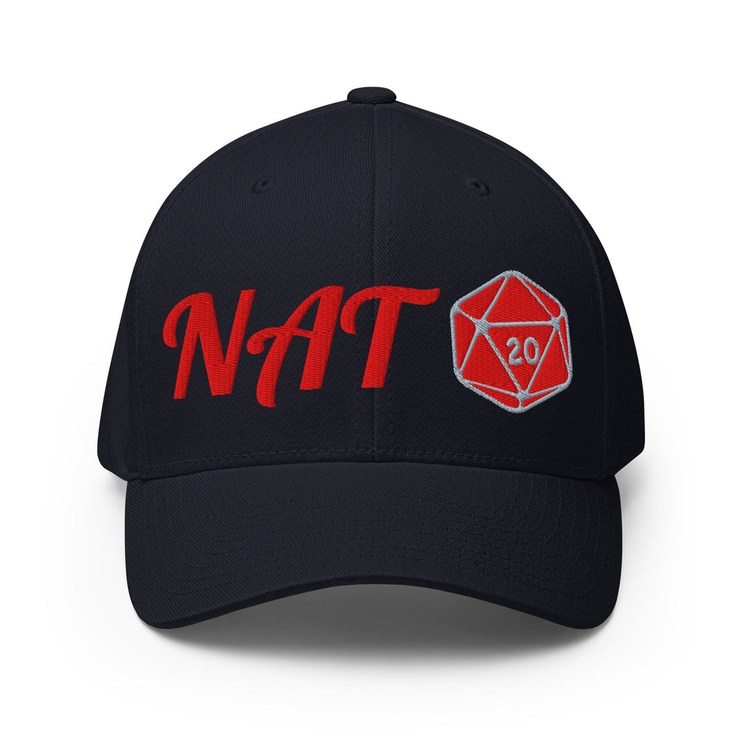 Front view of the navy NAT 20 embroidered flexfit cap with red fantasy-style NAT lettering and a red d20 emblem.