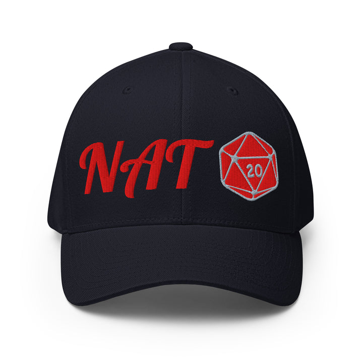 Front view of the navy NAT 20 embroidered flexfit cap with red fantasy-style NAT lettering and a red d20 emblem.