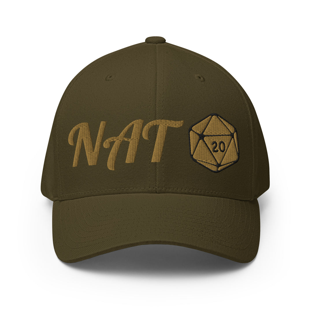 Front view of the olive NAT 20 embroidered flexfit cap with old gold fantasy-style NAT lettering and a green d20 emblem.