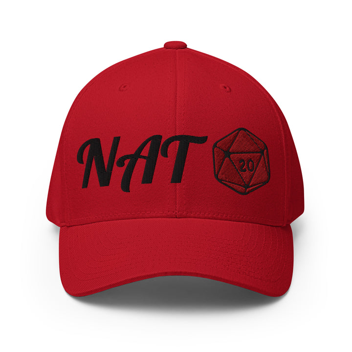 Front view of the red NAT 20 embroidered flexfit cap with black fantasy-style NAT lettering and a black d20 emblem.