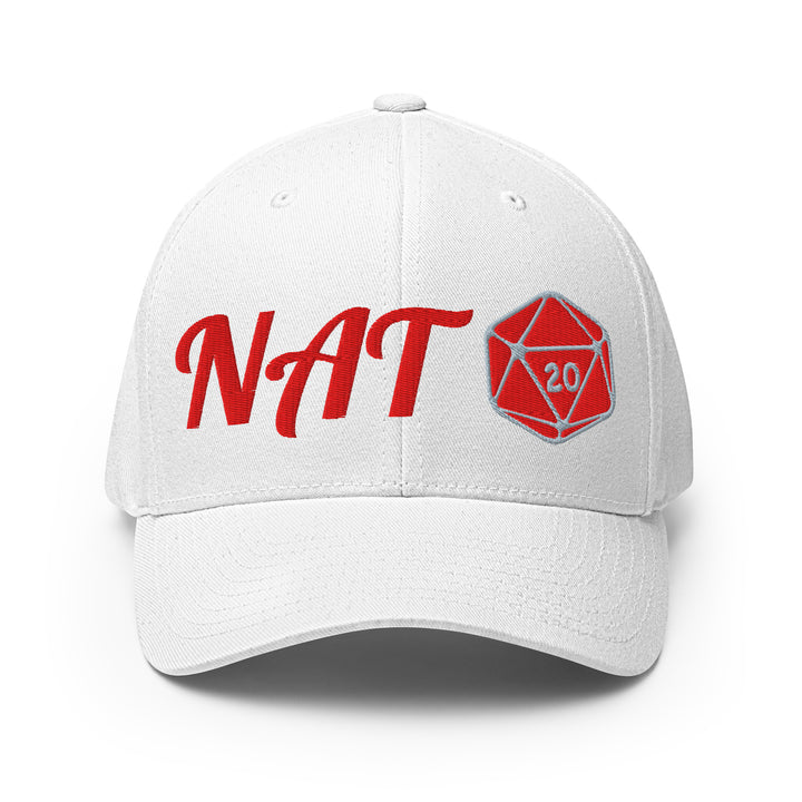 Front view of the white NAT 20 embroidered flexfit cap with red fantasy-style NAT lettering and a red d20 emblem.