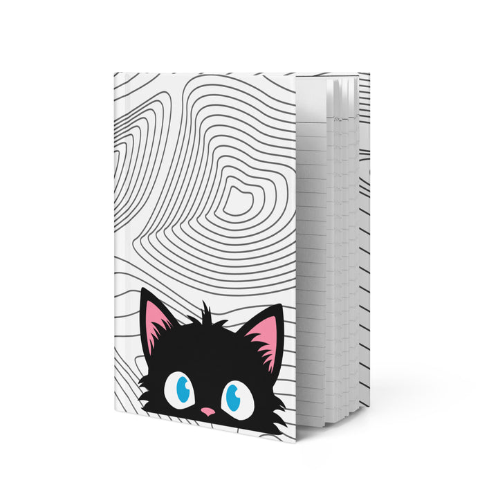 Peeking Personalities Alert black cat matte hardcover journal featuring a wide-eyed peeking cat at the bottom of an abstract contour-line cover