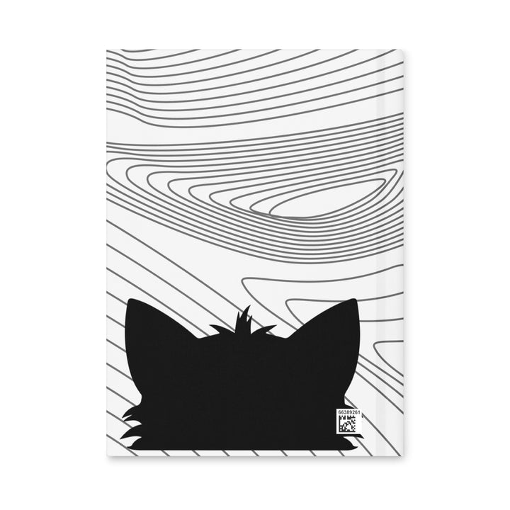 Back cover of the Peeking Personalities Alert black cat matte hardcover journal showing the silhouette of the cat’s head against an abstract contour-line background