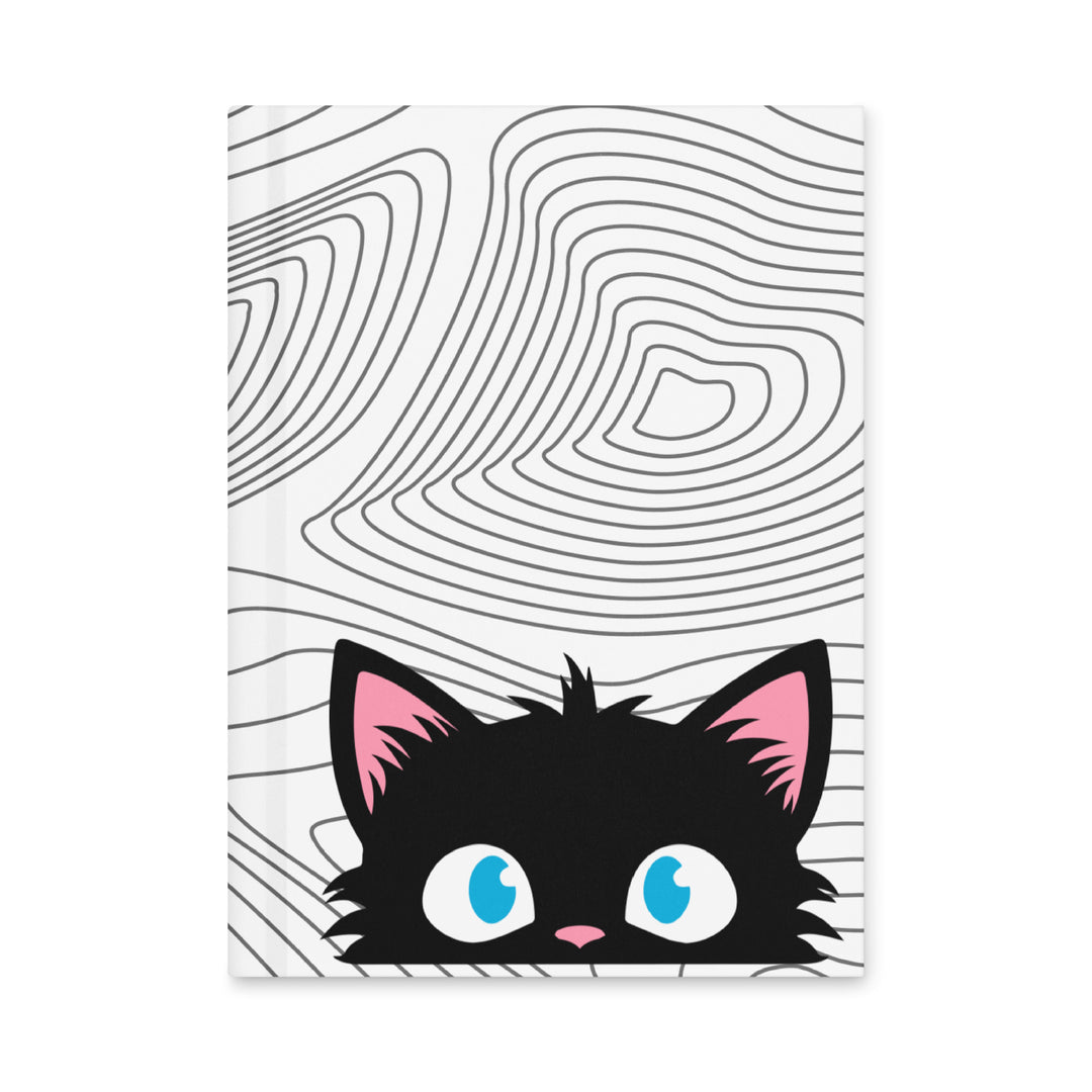 Front cover of the Peeking Personalities Alert black cat matte hardcover journal featuring a wide-eyed black cat peeking up from the bottom against an abstract contour-line background