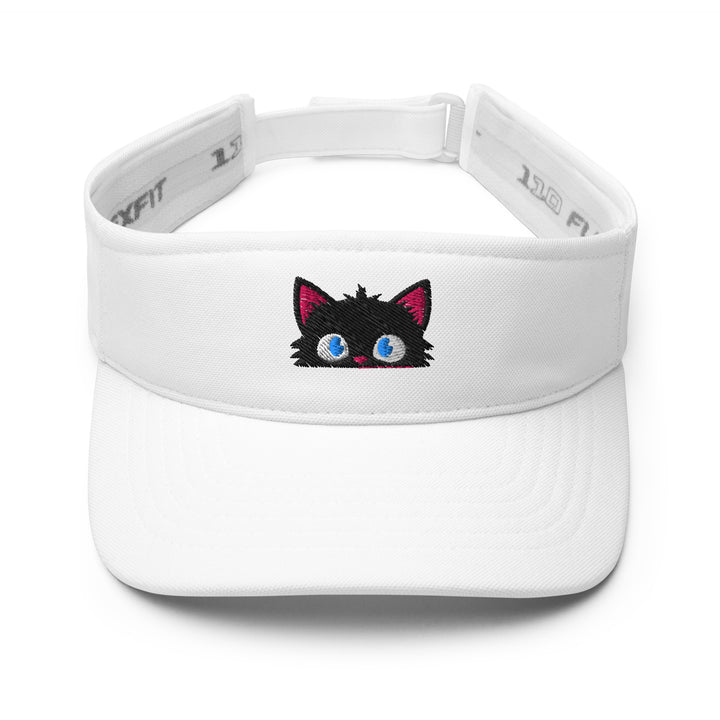 White embroidered visor featuring the Alert peeking black cat personality, shown from the front.