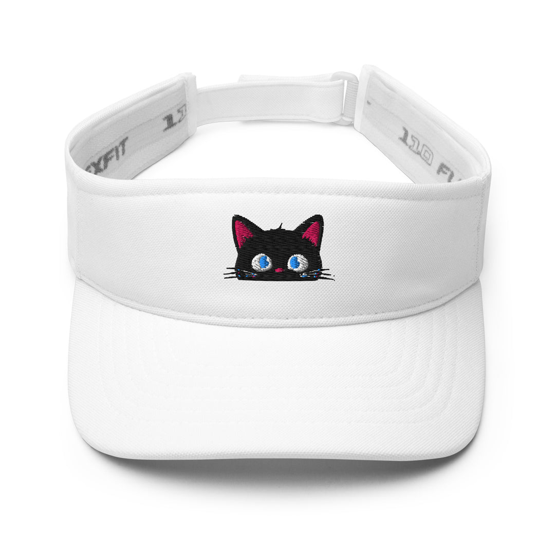 White embroidered visor featuring the Curious peeking black cat personality, shown from the front.