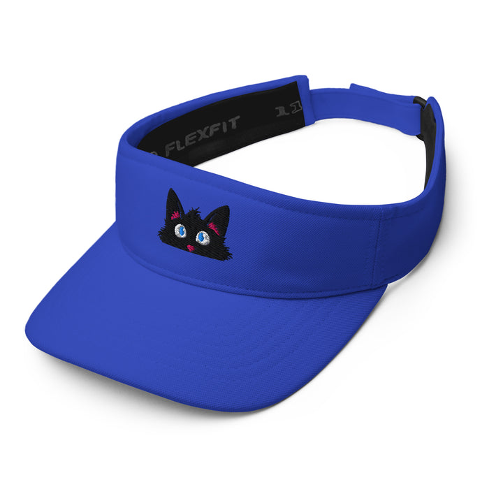 Blue embroidered visor featuring the Frazzled peeking black cat personality, shown from a front-left angle.