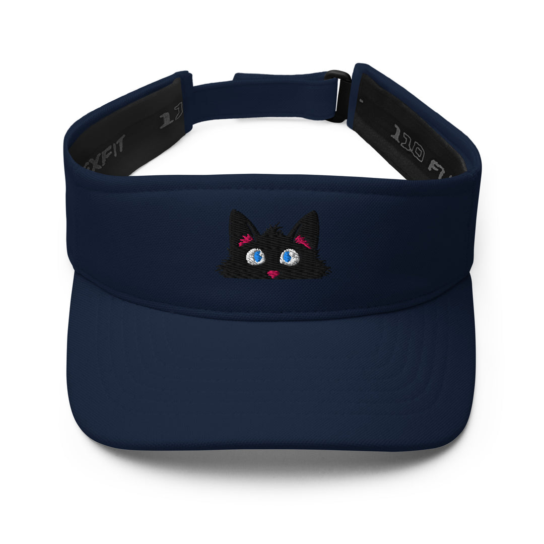 Navy embroidered visor featuring the Frazzled peeking black cat personality, shown from the front.