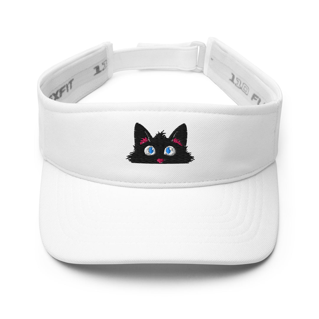 White embroidered visor featuring the Frazzled peeking black cat personality, shown from the front.