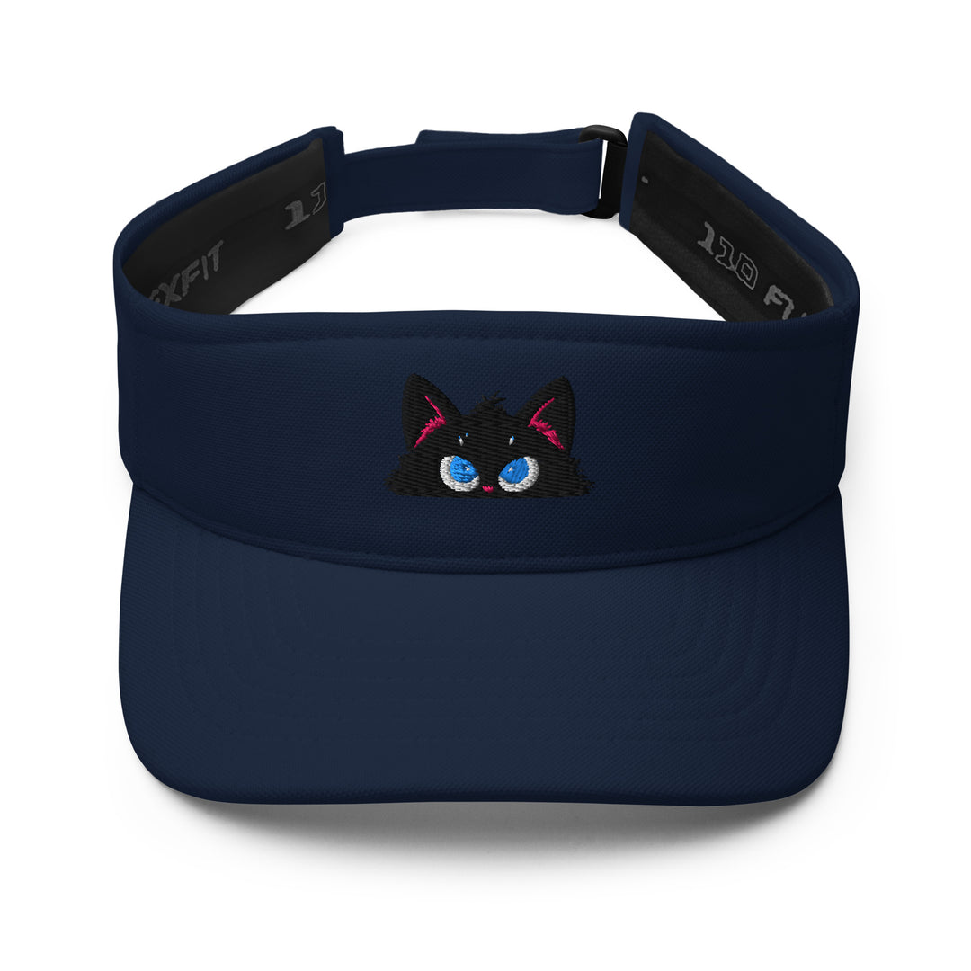 Navy embroidered visor featuring the Plotting peeking black cat personality, shown from the front.
