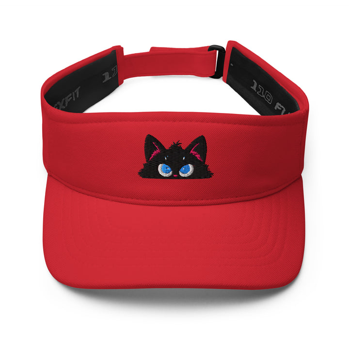 Red embroidered visor featuring the Plotting peeking black cat personality, shown from the front.