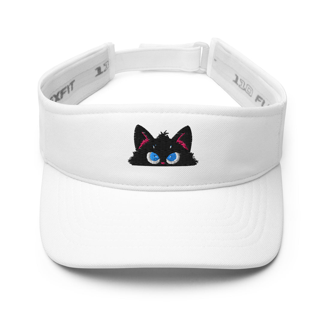 White embroidered visor featuring the Plotting peeking black cat personality, shown from the front.