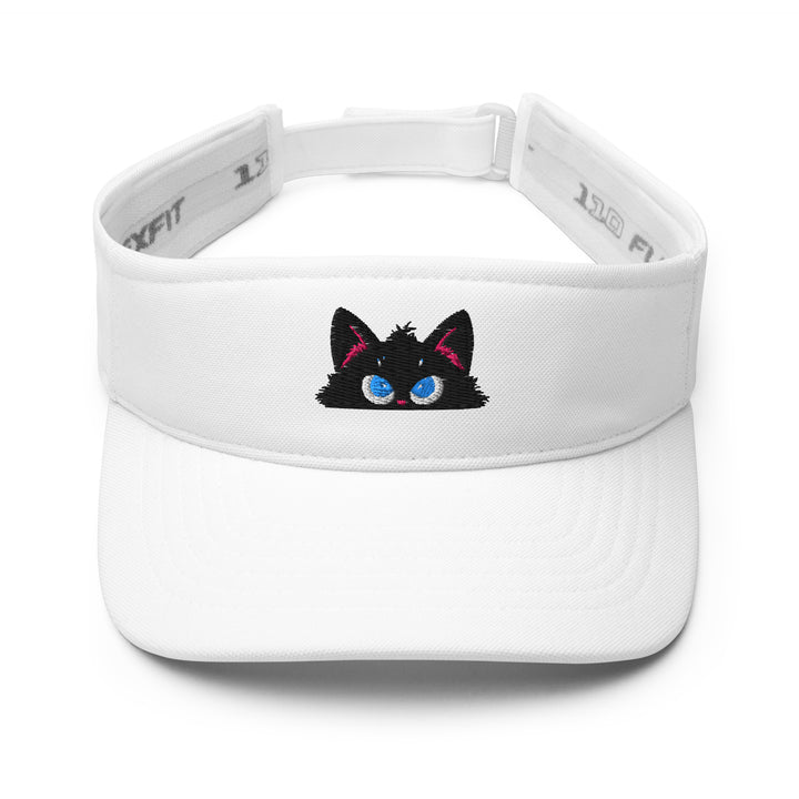 White embroidered visor featuring the Plotting peeking black cat personality, shown from the front.