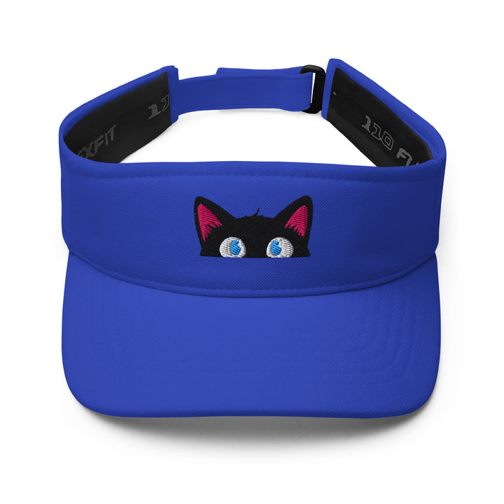 Blue embroidered visor featuring the Timid peeking black cat personality, shown from the front.