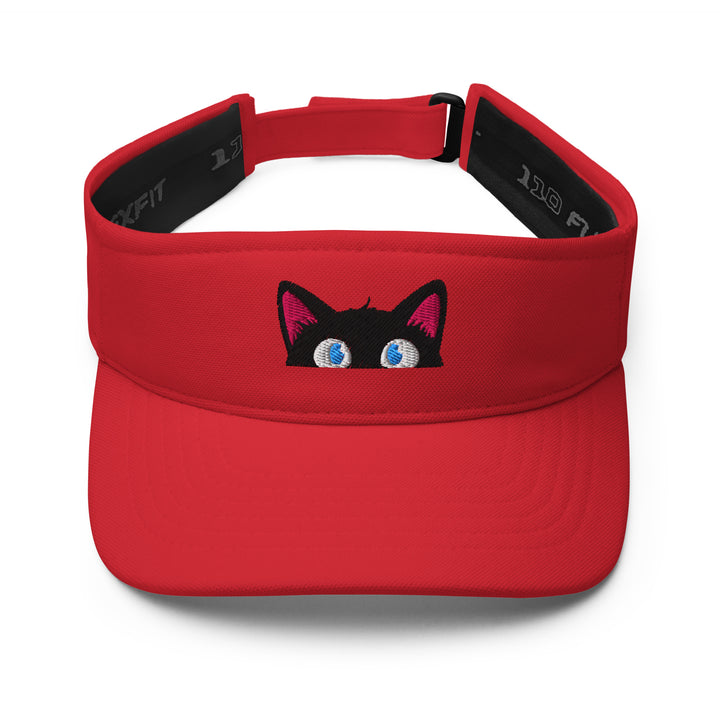 Red embroidered visor featuring the Timid peeking black cat personality, shown from the front.