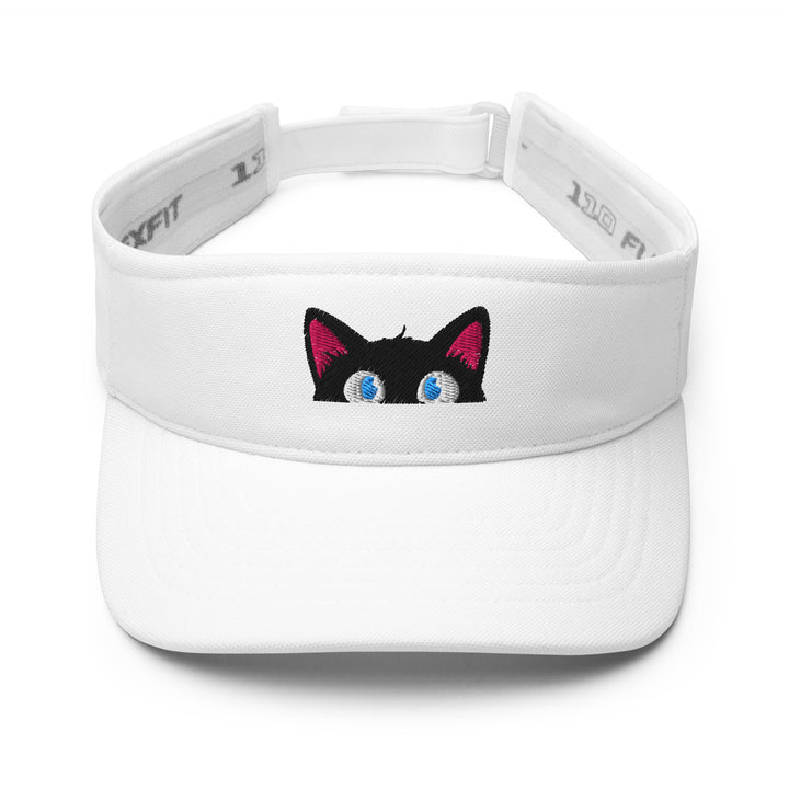 White embroidered visor featuring the Timid peeking black cat personality, shown from the front.