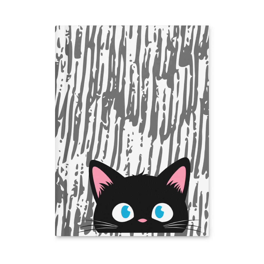 Front cover of the Peeking Personalities Curious black cat matte hardcover journal featuring a wide-eyed black cat peeking up from the bottom against a vertical abstract pattern background