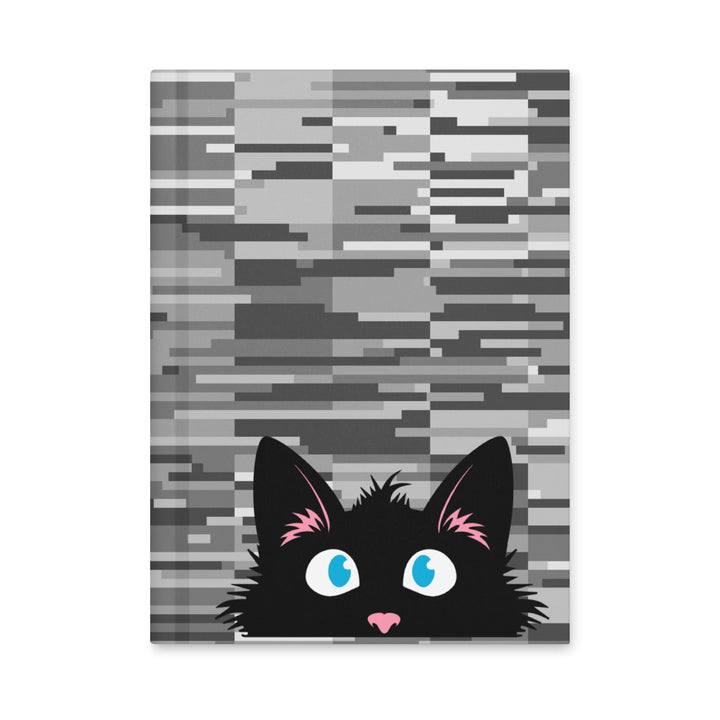 Front cover of the Peeking Personalities Frazzled black cat matte hardcover journal featuring a wide-eyed black cat peeking up from the bottom against a layered grayscale glitch-style background