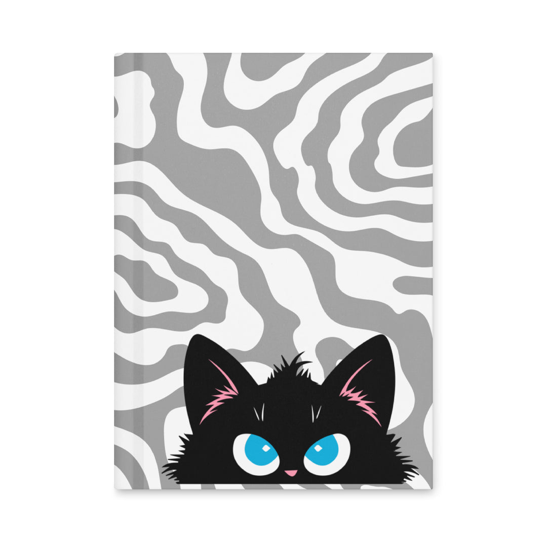 Front cover of the Peeking Personalities Plotting black cat matte hardcover journal featuring a narrowed-eye black cat peeking up from the bottom against a flowing gray contour-line background