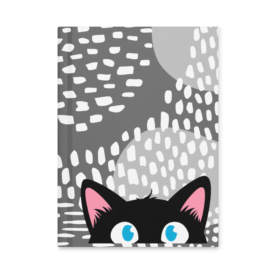 Front cover of the Peeking Personalities Timid black cat matte hardcover journal featuring a wide-eyed black cat peeking cautiously from the bottom against a soft gray abstract patterned background
