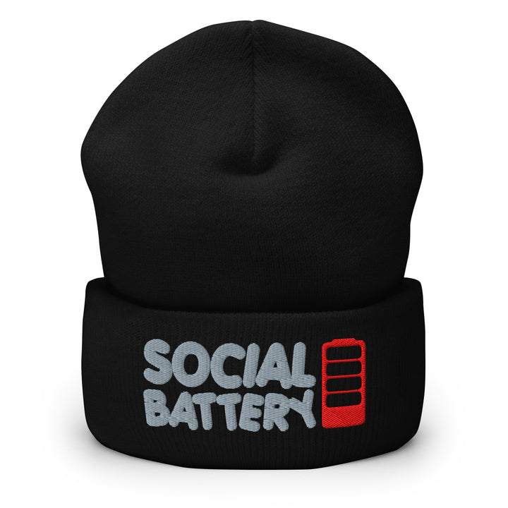Black cuffed beanie with “Social Battery” embroidery and a red low-battery icon, shown from the front.