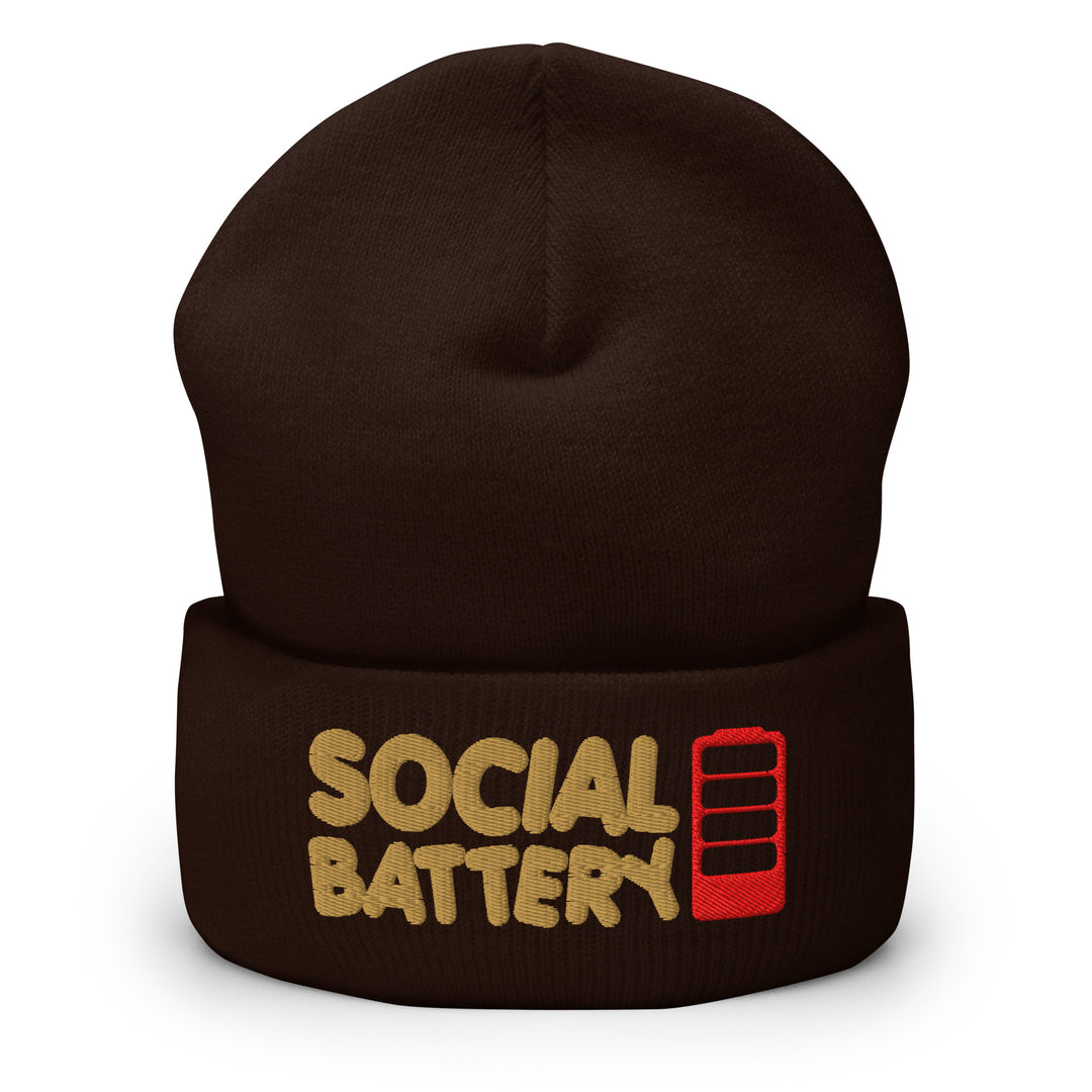 Brown cuffed beanie with “Social Battery” embroidery and a red low-battery icon, shown from the front.