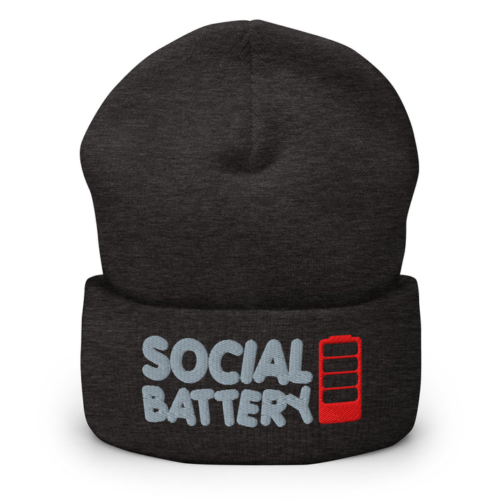 Charcoal cuffed beanie with “Social Battery” embroidery and a red low-battery icon, shown from the front.